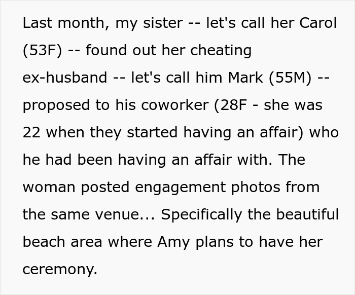 Woman refuses to cancel daughter&rsquo;s dream wedding venue despite sister&rsquo;s cheating ex causing conflict.