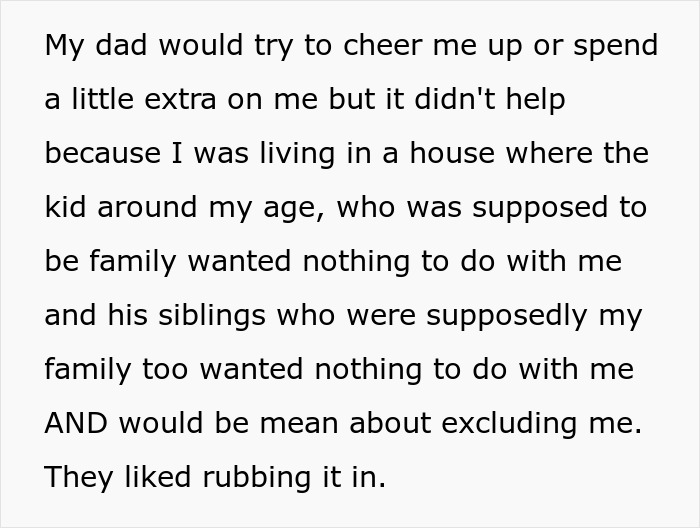 Text describing a 20-year-old refusing to attend family dinner after years of rejection by stepsiblings, with dad unfazed.