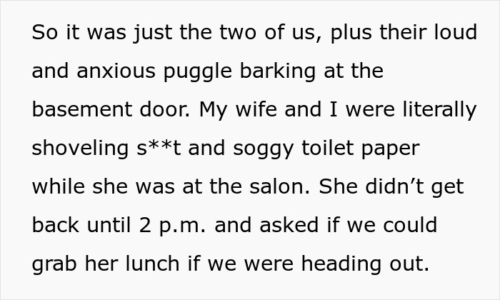 Couple shoveling sewage disaster at home while mother-in-law skips mess for salon appointment.