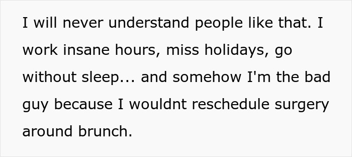 Text image with quote about a woman prioritizing a brunch date over rescheduling her dad’s surgery. Text image with quote about a woman prioritizing a brunch date over rescheduling her dad’s surgery.