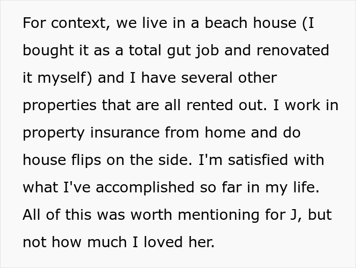 Text excerpt from a personal story describing living in a beach house and working in property insurance, highlighting a fiance destitute relationship. Text excerpt from a personal story describing living in a beach house and working in property insurance, highlighting a fiance destitute relationship.