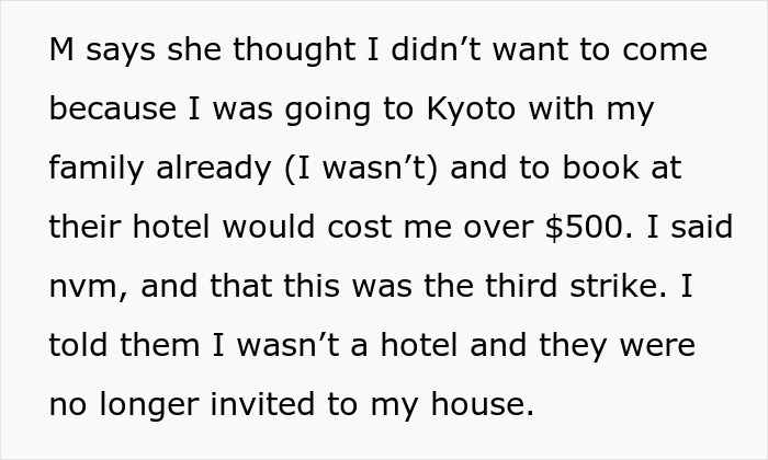 Text excerpt reading about a woman telling friends she is not a hotel after feeling excluded from trips and invitations. Text excerpt reading about a woman telling friends she is not a hotel after feeling excluded from trips and invitations.