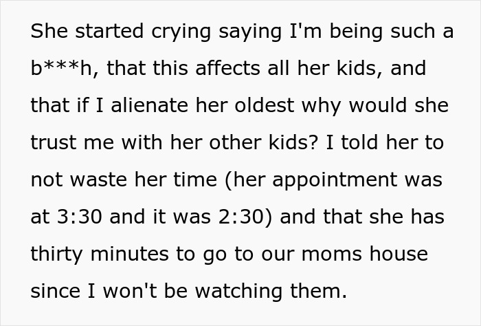 Text excerpt showing a woman refusing to babysit her autistic nephew after he injures her daughter and spits on her.