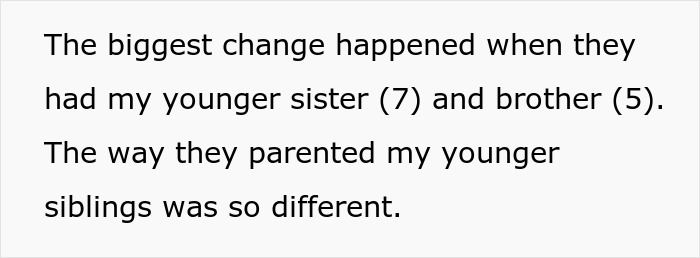 Text excerpt discussing changes in parenting younger siblings and how differently they were treated compared to older ones. Text excerpt discussing changes in parenting younger siblings and how differently they were treated compared to older ones.