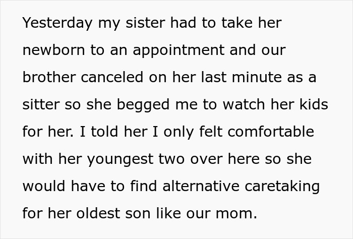 Text excerpt from a story about a woman refusing to babysit her autistic nephew after he injures her daughter.