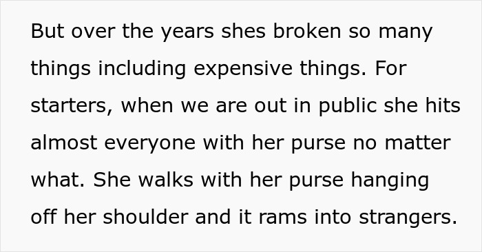 Text describing a guy frustrated with his clumsy girlfriend who keeps destroying his stuff, including expensive items.