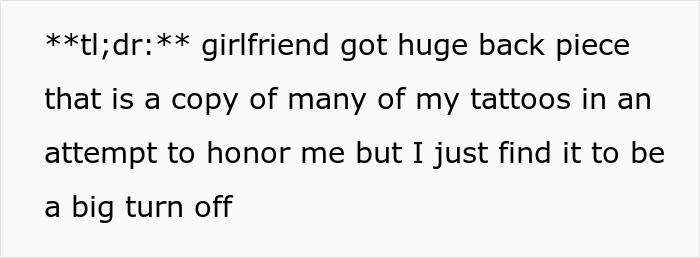 Girlfriend got massive tattoo of a large back piece copying many tattoos in an attempt to honor partner.