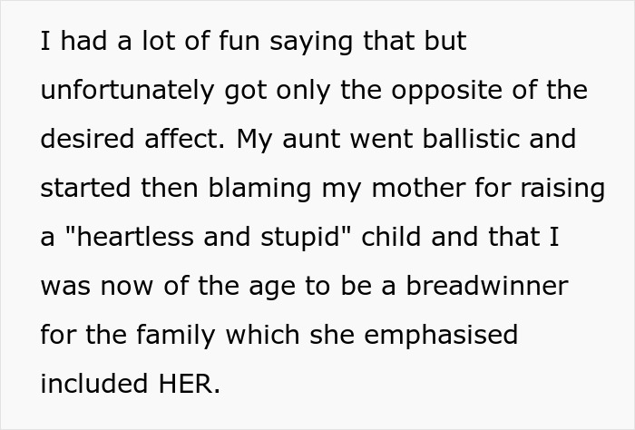 Text discussing an aunt blaming her nephew for not being a breadwinner and expecting him to support her family.