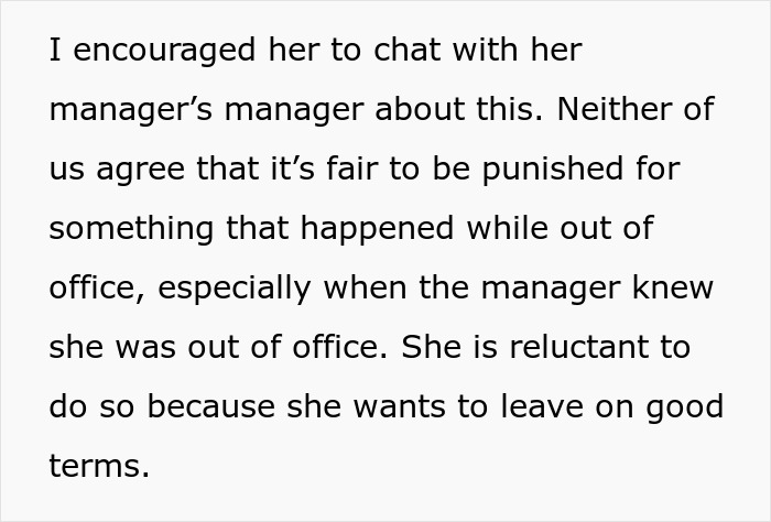 Text discussing Emokoyee&rsquo;s absence from a meeting while off, and a boss giving her a formal reprimand despite being out of office.