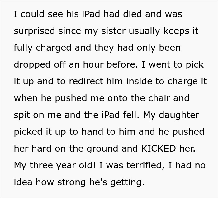 Text excerpt describing a woman&rsquo;s struggle babysitting her autistic nephew who injures and spits on her daughter.