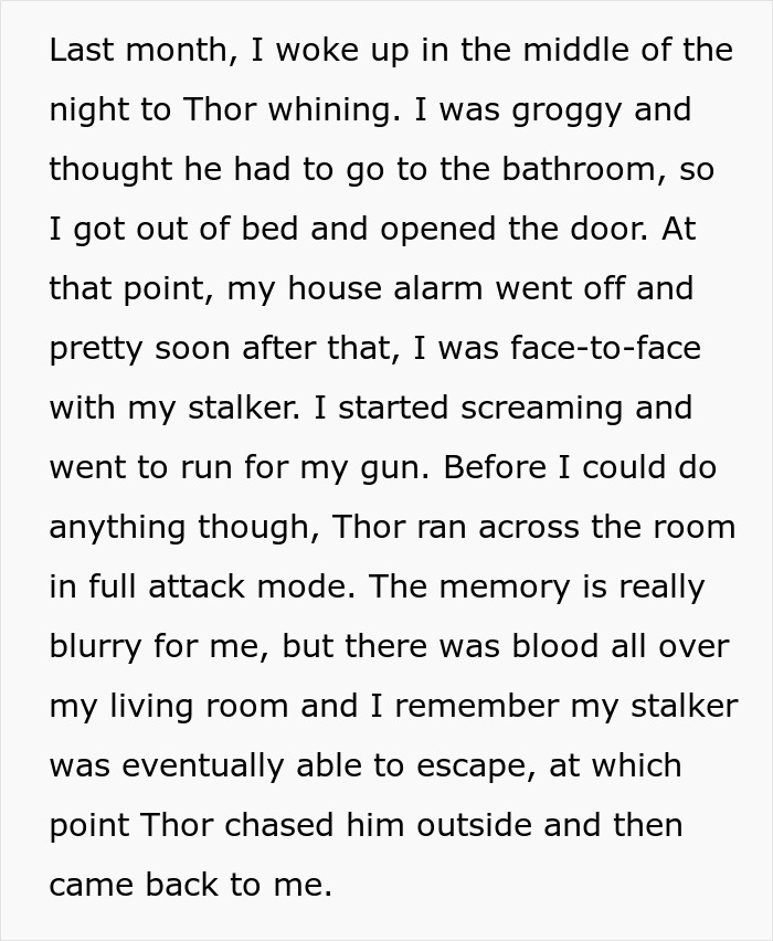 Text describing a dog attacking a stalker who broke into a woman’s home, highlighting the dog labeled too dangerous around kids. Text describing a dog attacking a stalker who broke into a woman’s home, highlighting the dog labeled too dangerous around kids.