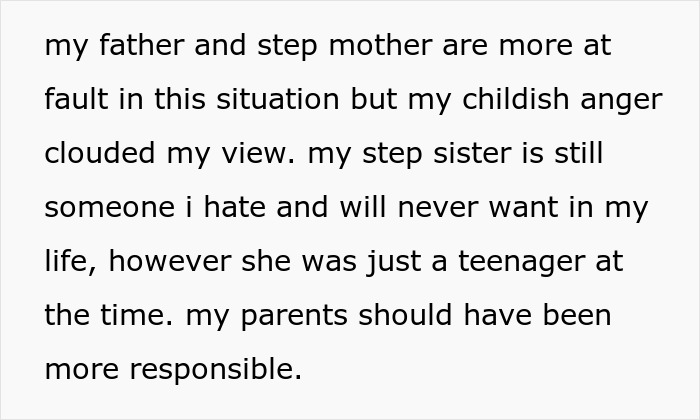 Text excerpt about a woman&rsquo;s strained relationship with her stepsister and family, reflecting on anger and responsibility.