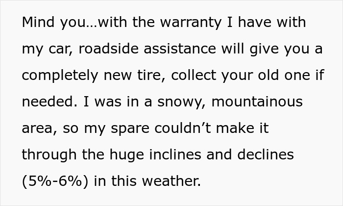 Text discussing roadside assistance for a flat tire in snowy mountainous conditions and warranty coverage.