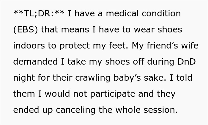 Text explaining a man&rsquo;s medical condition forcing him to keep shoes on indoors despite friend&rsquo;s wife objections.