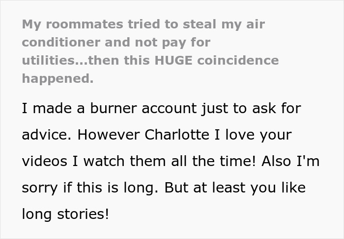 Text message about roommates trying to steal an air conditioner and refusing to pay for utilities.