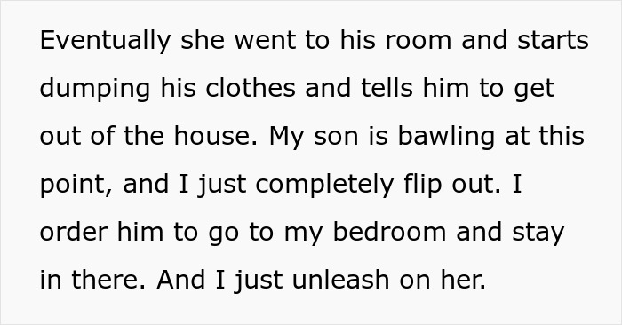 Text excerpt describing a dad supporting his gay son as the wife angrily kicks him out of the house.