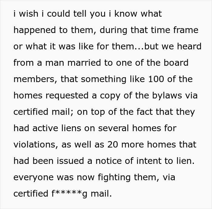 Text excerpt about fighting petty HOA using certified mail and active liens, highlighting follow ups in HOA disputes.