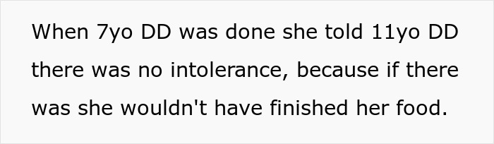 Text discussing a grandma doubting a 7-year-old's lactose intolerance after she finished her food, sparking family drama.