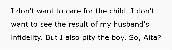 Alt text: Woman expressing conflict over husband's infidelity and feelings about caring for the child from the affair Alt text: Woman expressing conflict over husband's infidelity and feelings about caring for the child from the affair