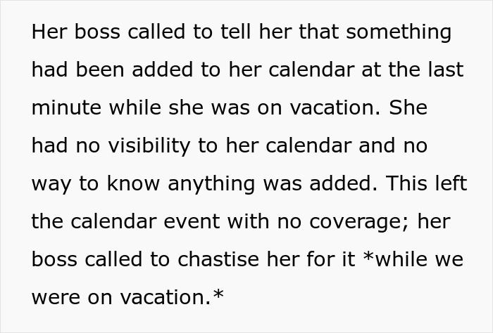 Employee misses meeting while off, boss gives formal reprimand despite lack of calendar visibility during vacation.