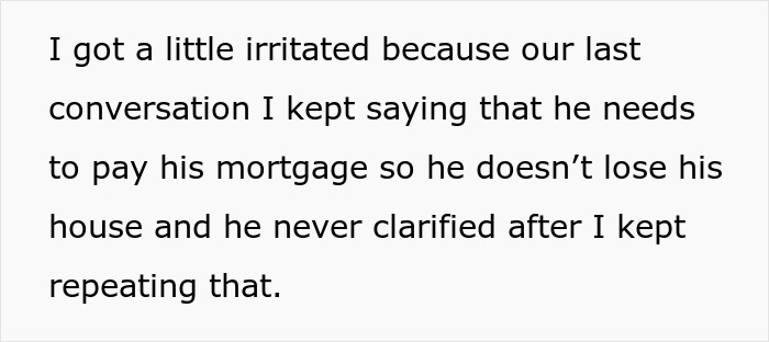 Text excerpt showing a conversation about someone needing to pay their mortgage, reflecting friends call two decades later. Text excerpt showing a conversation about someone needing to pay their mortgage, reflecting friends call two decades later.