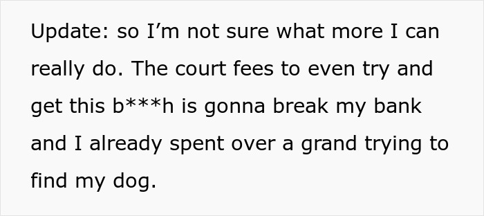 Text message discussing court fees and expenses incurred while trying to find a stolen husky dog. - 20
