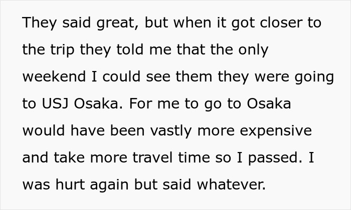 Text excerpt showing a woman explaining feeling excluded by friends on trips and hurt by travel plans. Text excerpt showing a woman explaining feeling excluded by friends on trips and hurt by travel plans.