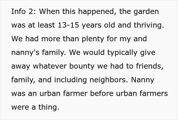 Text describing a thriving garden over 13 years, highlighting a nanny and neighbor involved in fruit and garden bounty.
