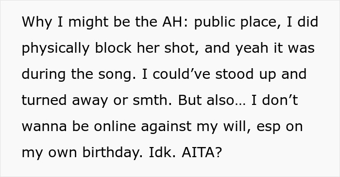 Text excerpt discussing blocking a camera shot during a birthday dinner, highlighting influencer and SIL conflict.