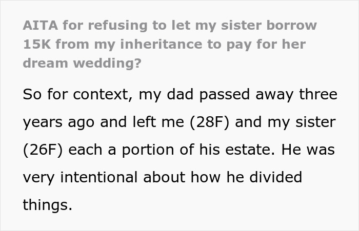 Text excerpt about refusing sister's request to borrow $15K from inheritance for her dream wedding conflict. Text excerpt about refusing sister's request to borrow $15K from inheritance for her dream wedding conflict.