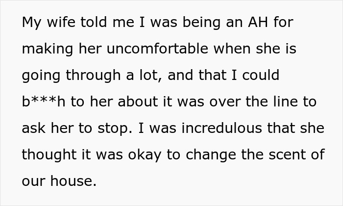 Text excerpt discussing family hosting a divorcing friend, who repays by flooding home with nasty scents.