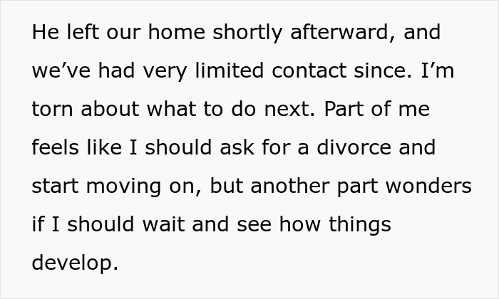 Text excerpt showing a woman questioning her marriage after husband leaves to care for his terminally ill ex-wife.