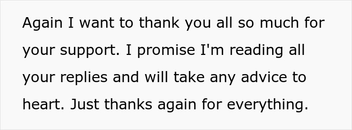 Text expressing gratitude for support and advice, emphasizing appreciation and commitment to reading all replies.