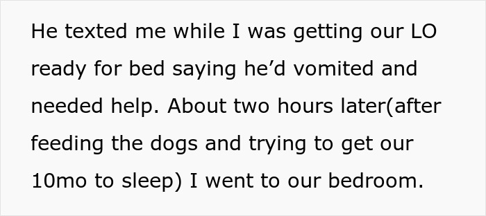Text excerpt describing a mother caring for her 10-month-old while refusing fiancé’s orders to clean his vomit, causing tension. Text excerpt describing a mother caring for her 10-month-old while refusing fiancé’s orders to clean his vomit, causing tension.
