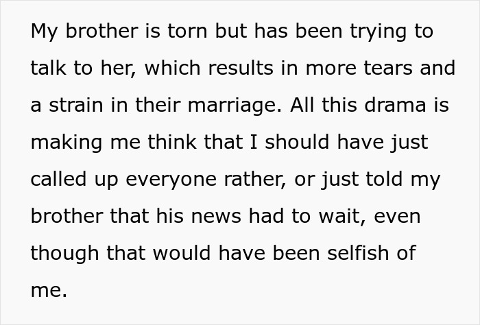 Text excerpt showing a woman experiencing family drama after seeking support following devastating news and feeling outshined by sister-in-law.