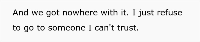 Text quote on white background expressing distrust and refusal to go to someone untrustworthy related to dad standing by gay son.