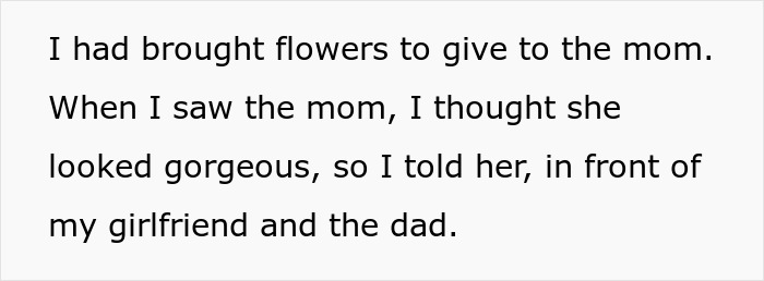 Man&rsquo;s compliment to girlfriend's mom causing conflict between parents with girlfriend calling behavior inappropriate.