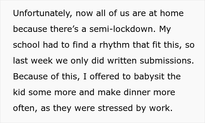 Text excerpt about woman expecting cousin to babysit due to school lockdown and stress from work at home.