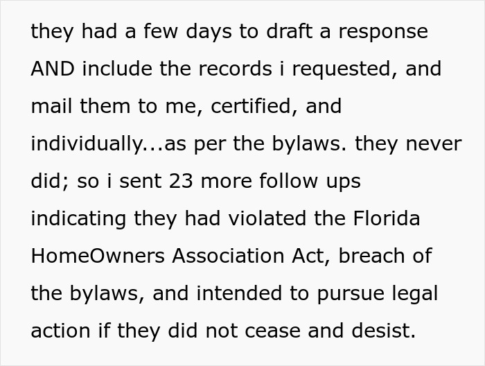 Text excerpt showing a person sending 23 more follow ups to a petty HOA over bylaws and legal violations.