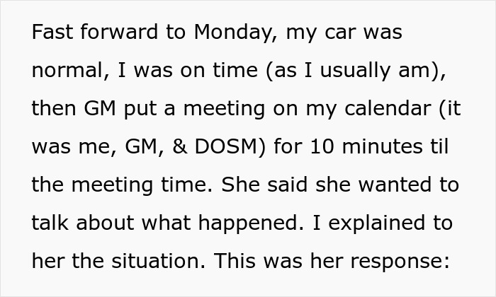 Text excerpt showing a meeting scheduled by GM to discuss an employee missing work due to a flat tire situation.