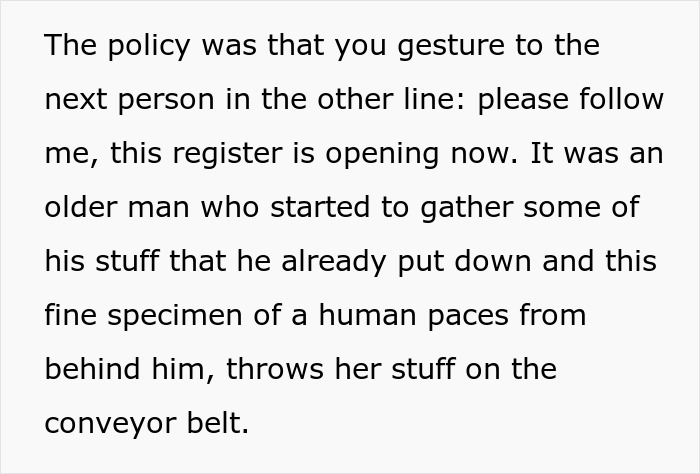 Elderly man at grocery store has items thrown on conveyor belt as woman cuts in front of him in line. Elderly man at grocery store has items thrown on conveyor belt as woman cuts in front of him in line.