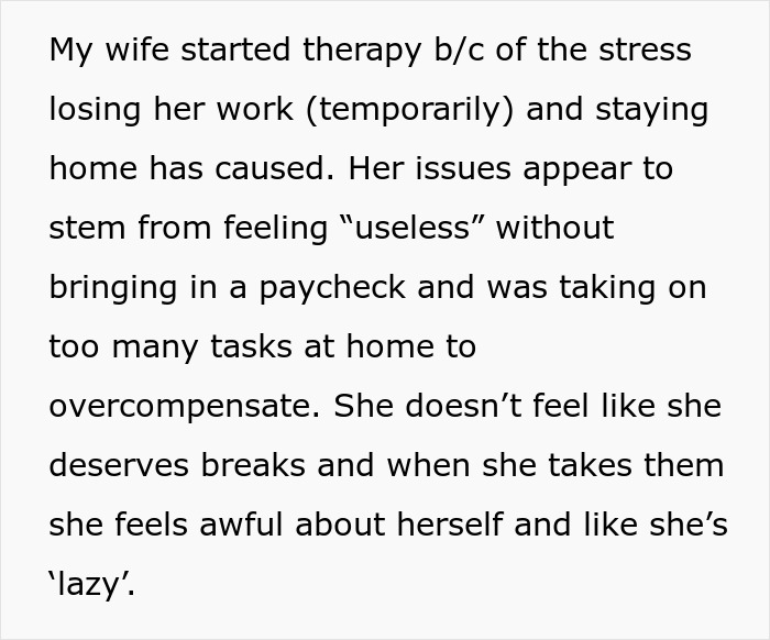 Text about wife&rsquo;s therapy journey dealing with stress, feeling useless, and proving husband wrong about her capabilities.