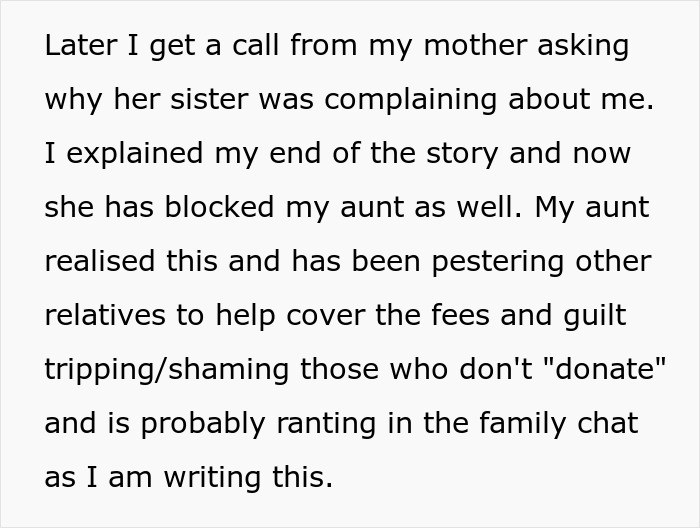 Text describing a family dispute about funding education after the nephew gets a job, with an aunt pestering relatives.