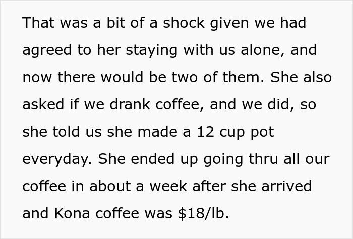 Couple hosts old friend who brings wild requests, including drinking expensive Kona coffee daily without limits. Couple hosts old friend who brings wild requests, including drinking expensive Kona coffee daily without limits.
