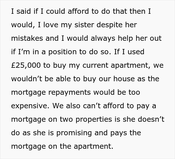 Text discussing family demands for money and issues with mortgage repayments on two properties.