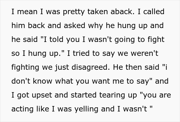 Text excerpt showing a wife upset after husband mocks her mispronunciation while sharing surgery details, leaving her in tears.