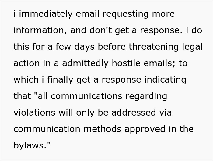 Text discussing persistent follow ups and communication struggles when dealing with petty HOA disputes.