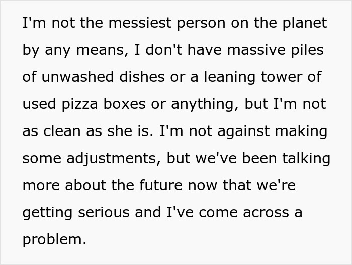 Text excerpt about not being as clean as a partner, highlighting relationship tensions over cleanliness and adjustments.