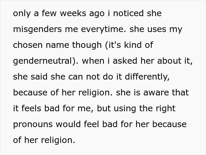 Text about coworker misgenders a Muslim due to religious beliefs, causing discomfort over pronoun use.