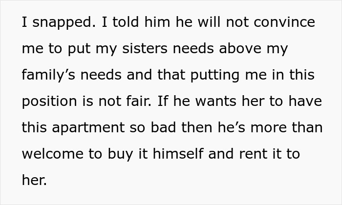 Text excerpt about family conflict and demands for $33k, highlighting sister's needs versus family fairness dispute.